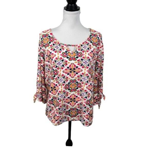 Crown & Ivy Knit Top Blouse Petite Size PXL Multicolor Floral Keyhole Happycore - Picture 11 of 11